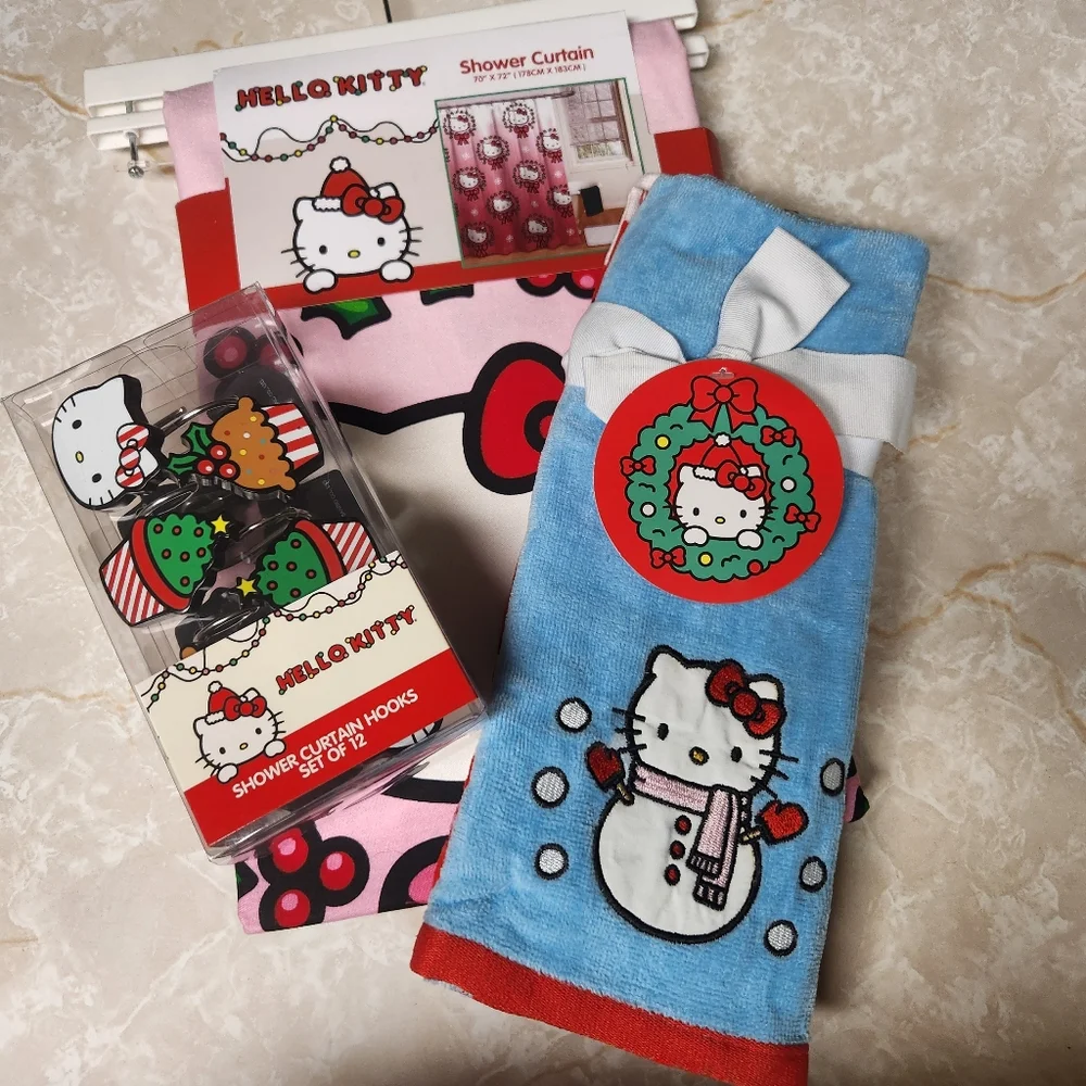 Hello Kitty Christmas Bathroom Shower Set Curtain Hooks and 2pc Towel Set New